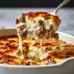 Once fully combined, transfer the mixture to the prepared baking dish, spreading it evenly Recipe