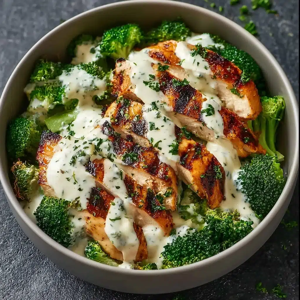 Grilled Chicken & Broccoli Bowls with Creamy Garlic Sauce Recipe - Recipe Image