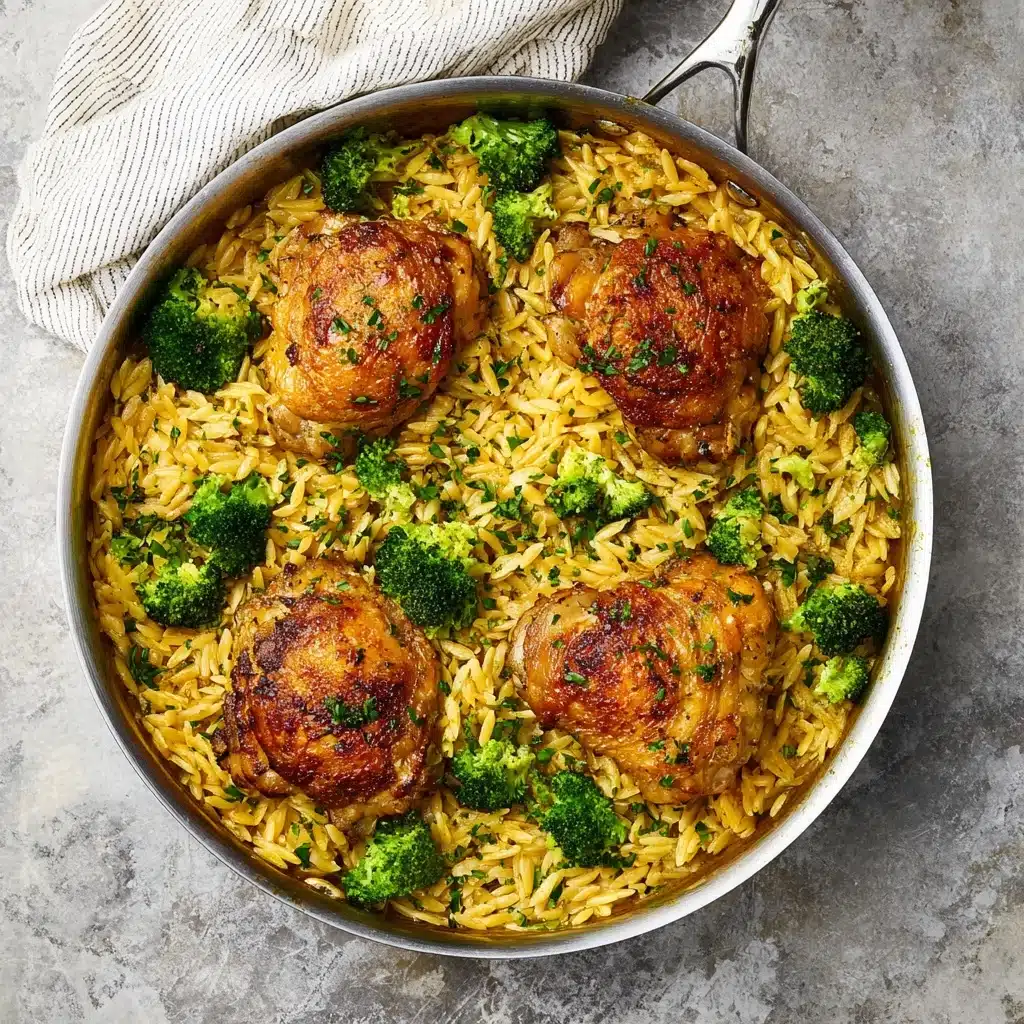 Skillet Chicken Thighs with Broccoli Cheddar Orzo Recipe