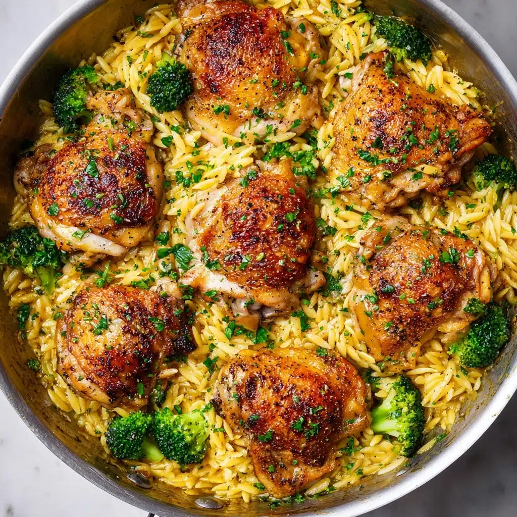 Skillet Chicken Thighs with Broccoli Cheddar Orzo Recipe - Recipe Image