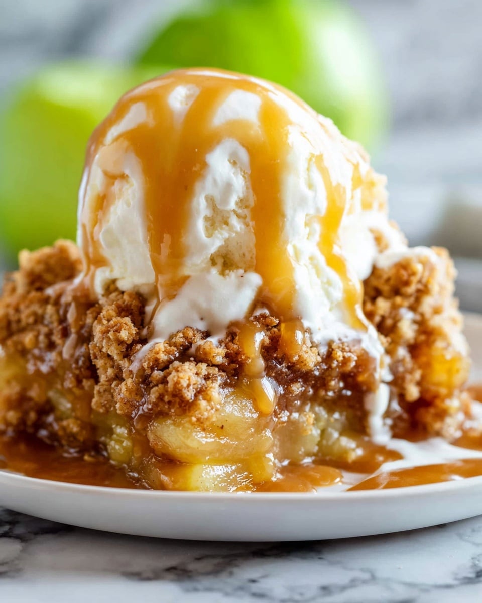 The image shows a dessert with three main layers on a white plate placed on a white marbled surface. The bottom layer is a soft, golden-brown baked fruit filling with a syrupy texture. On top of this is a thick layer of crumbly, golden-brown topping that looks crunchy and textured. The top layer is a big scoop of smooth, creamy white ice cream, drizzled with warm caramel sauce that runs down over both the ice cream and crumbly layer. In the blurred background, there is a green object, adding a bit of contrast to the warm colors of the dessert. photo taken with an iphone --ar 4:5 --v 7