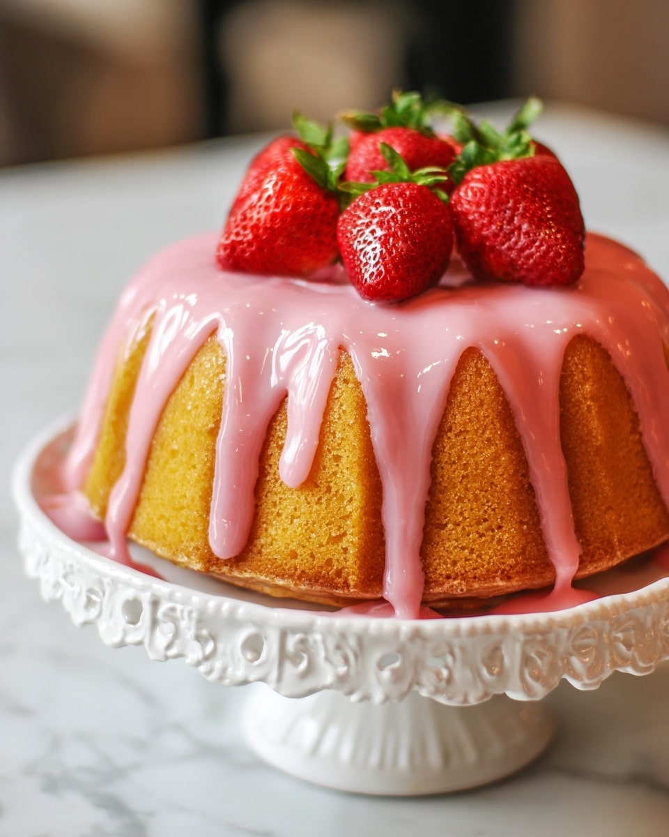 A single-layer golden brown bundt cake with a soft texture and a pink glaze thickly dripping down from the top edges to the sides and base. On top of the cake, a group of fresh, bright red strawberries with green leaves sits neatly arranged. The cake is placed on a white cake stand with a decorative edge, set against a white marbled surface. Photo taken with an iphone --ar 4:5 --v 7