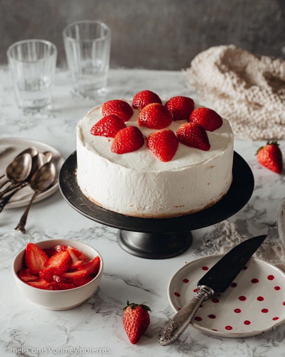 A round cake with two layers is covered with white smooth cream, and six whole red strawberries are evenly placed on top in a circle. The cake sits on a raised black stand, which is on a white marbled surface. Around the cake, there is a small white bowl with sliced strawberries, four vintage silver spoons arranged in a group, and a white plate with red dots holding a large silver knife. The background shows a textured cloth and two clear glasses with water. Photo taken with an iphone --ar 4:5 --v 7