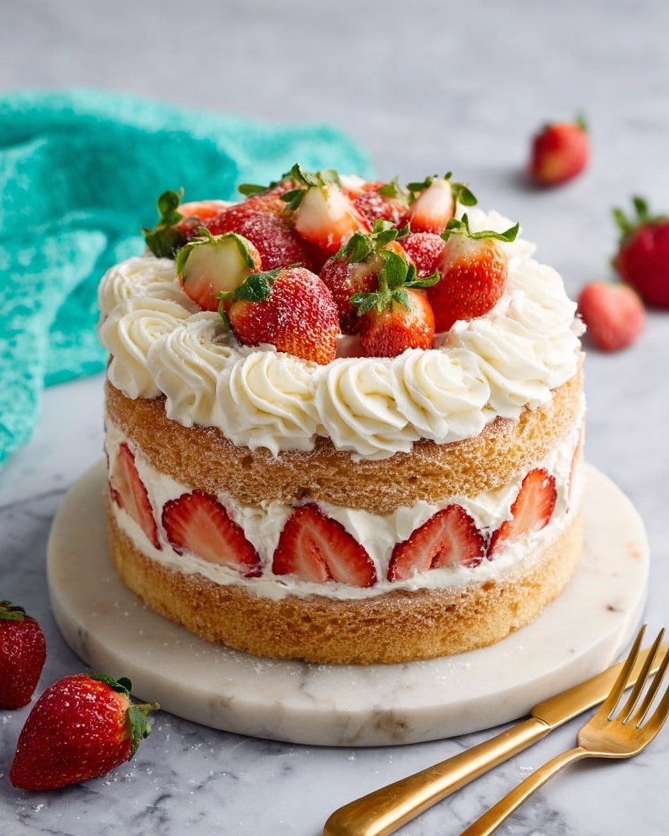 The image shows a close-up of a slice of cake placed on a white plate on a white marbled surface. The cake slice has three layers of light yellow sponge separated by two layers of white cream mixed with small pieces of red strawberries. The top layer of the slice is covered with smooth white cream and decorated with a quarter of a fresh strawberry on the side. In the background, a larger whole cake with similar layers and frosting is slightly blurred. Around the plate, whole fresh strawberries and silver cutlery rest on the white marbled surface. Photo taken with an iphone --ar 4:5 --v 7