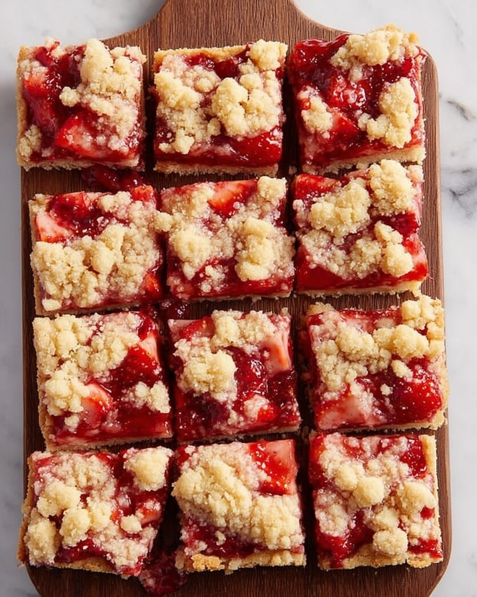 A wooden board holds nine square pieces of a fruit crumble dessert arranged in a 3x3 grid on a white marbled surface. Each piece has three visible layers: a golden-brown crust as the base, a bright red strawberry filling with visible chunks and syrup in the middle, and a top layer of uneven, light golden crumble scattered across the surface. The crumble pieces are rough and irregular in size, spreading across the juicy strawberry layer beneath. The white marbled texture underneath contrasts with the warm colors of the dessert. photo taken with an iphone --ar 4:5 --v 7