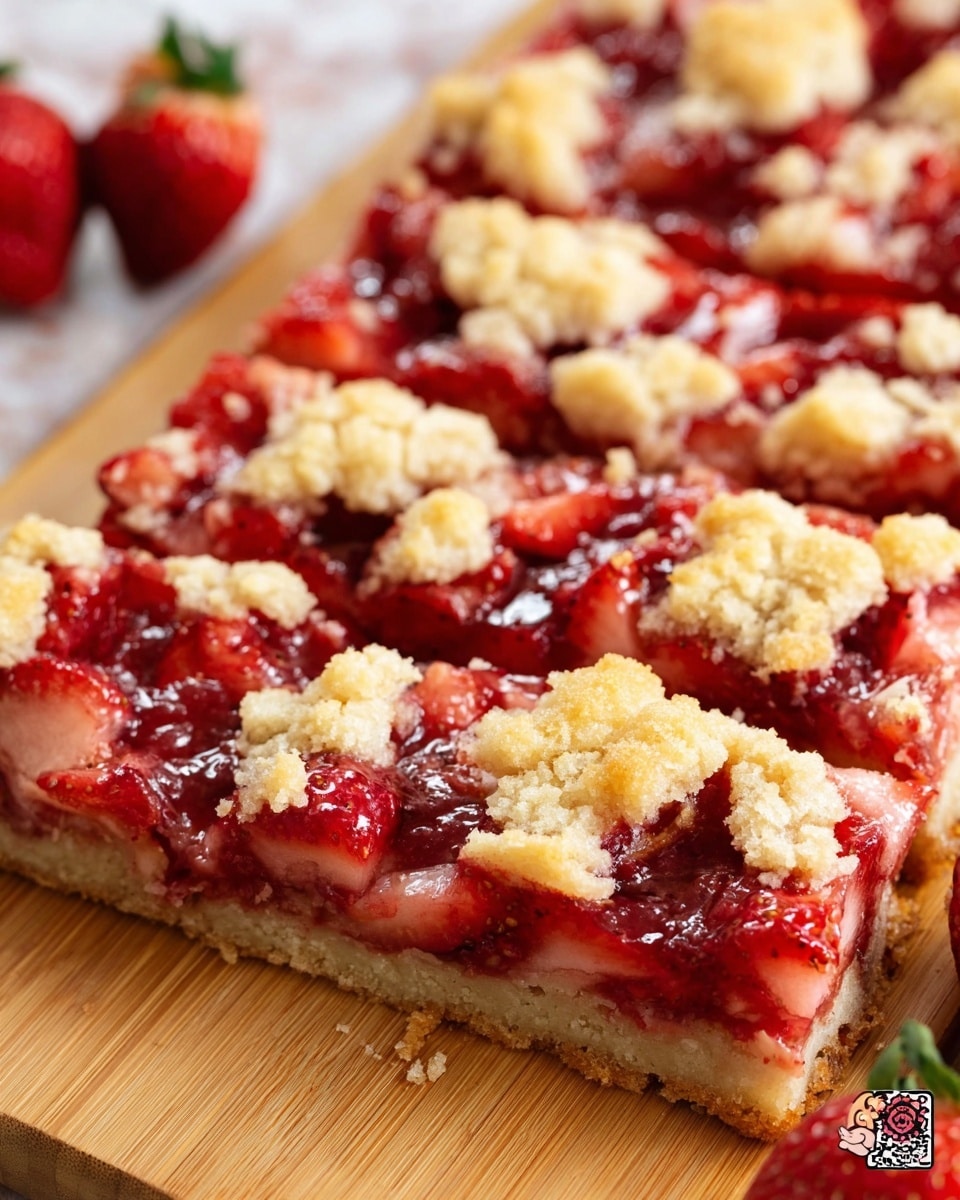 The image shows a close-up of a rectangular strawberry crumble bar cut into pieces. The base layer is a light golden-brown crust. The middle layer is made of glossy, juicy red sliced strawberries covered with shiny syrup. The top layer consists of uneven, crumbly light yellow pieces scattered over the strawberries. The dessert rests on a wooden board, with a white marbled background partially visible along with some whole strawberries on the side. Photo taken with an iphone --ar 4:5 --v 7