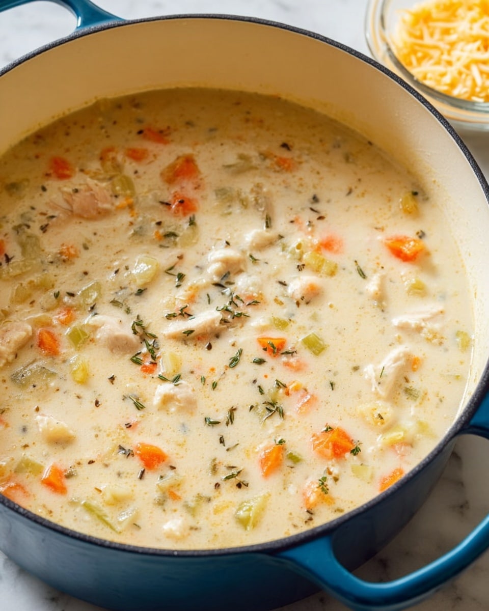 A close-up view of a creamy soup inside a blue pot with a white inside, sitting on a white marbled surface. The soup is thick and light beige, filled with chunks of orange carrots, pale green celery pieces, small bits of white meat, and sprinkled with dark green herbs. The texture is smooth but lumpy with visible pieces evenly spread throughout. Near the top right corner, there is a clear glass bowl filled with pale yellow grated cheese. Photo taken with an iphone --ar 4:5 --v 7