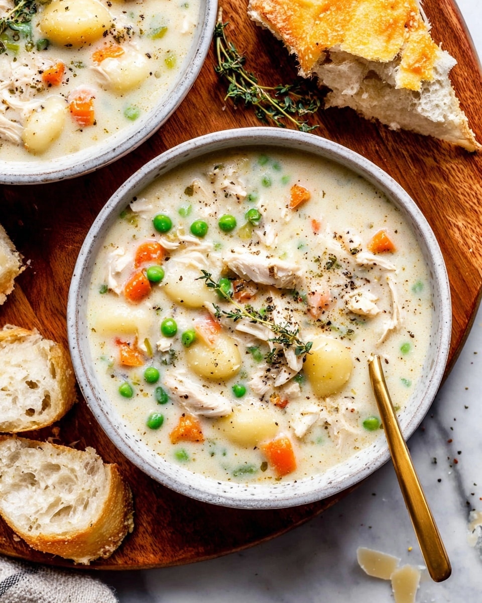 A close-up view of two white bowls filled with creamy chicken and vegetable soup, placed on a wooden board over a white marbled surface. The soup has a thick, milky white broth with visible pieces of chicken, bright green peas, soft orange carrot chunks, and pale potato gnocchi. There are small sprigs of fresh thyme and a sprinkle of black pepper on top, adding texture. One bowl has a gold spoon resting inside it. Surrounding the bowls are pieces of sliced crusty white bread and a torn piece of crispy cheese rind. The whole scene is well-lit and inviting. photo taken with an iphone --ar 4:5 --v 7