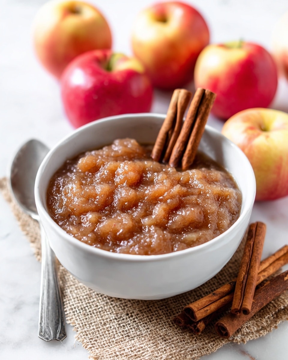 The image shows a white bowl filled with chunky, brown homemade applesauce, with small pieces of apple visible throughout its thick texture. Two brown cinnamon sticks are placed upright inside the applesauce, leaning slightly out of the bowl. The bowl rests on a piece of coarse beige fabric, and a metal spoon lies nearby on the same fabric. In the background, there are several red and yellow apples, some whole cinnamon sticks stacked together to the right side of the bowl, all set on a white marbled surface. photo taken with an iphone --ar 4:5 --v 7