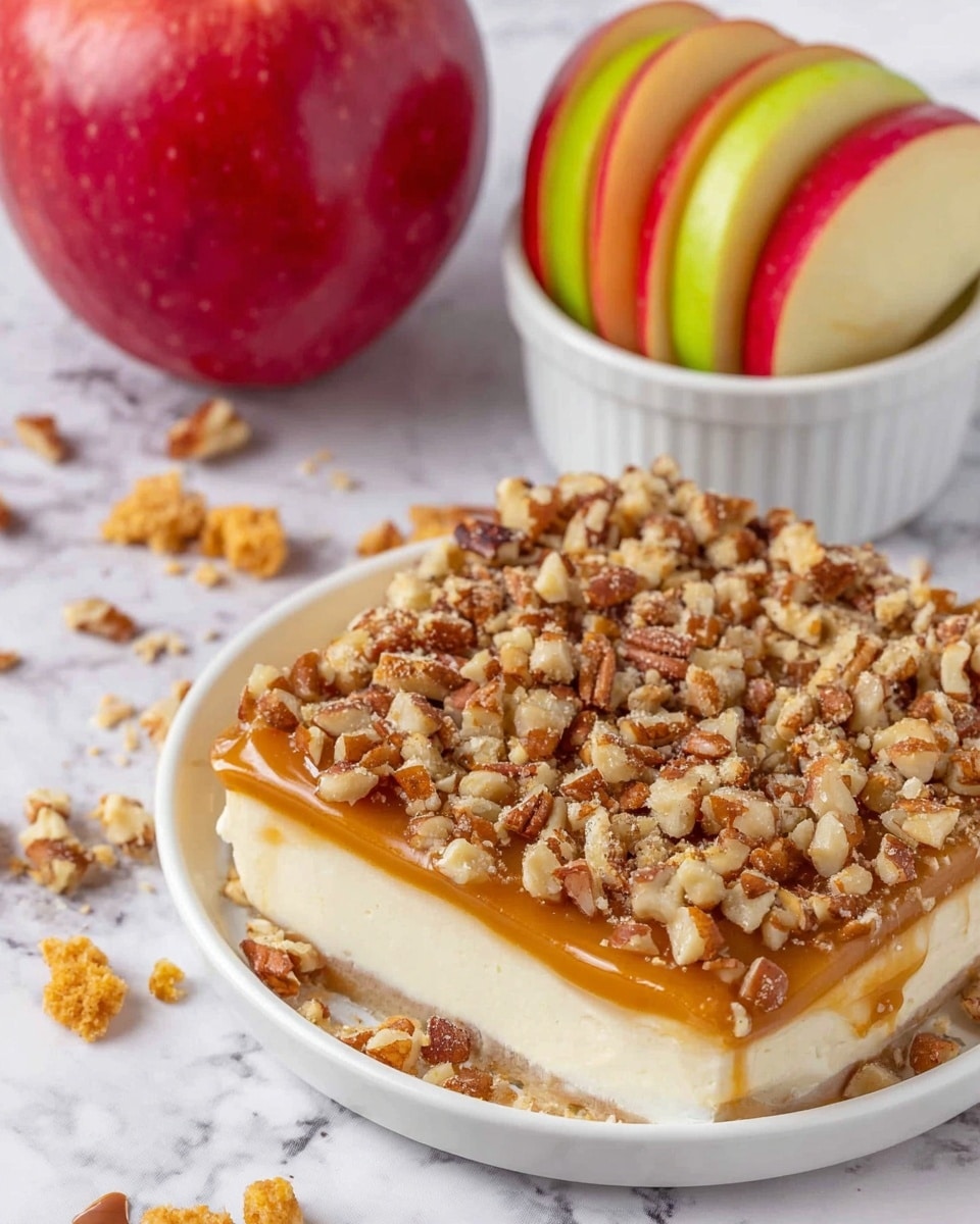 A white plate holds a dessert with three visible layers: the bottom layer is creamy white, smooth and thick, the middle layer is a shiny, golden caramel spread evenly above it, and the top layer is a rough mix of chopped nuts in light and dark brown colors scattered thickly across the caramel. Next to the plate, there is a small white bowl filled with red and green apple slices standing upright, and behind the bowl, a whole shiny red apple is partially visible, all placed on a white marbled surface with some scattered chunks of nuts and crumbs around. Photo taken with an iphone --ar 4:5 --v 7