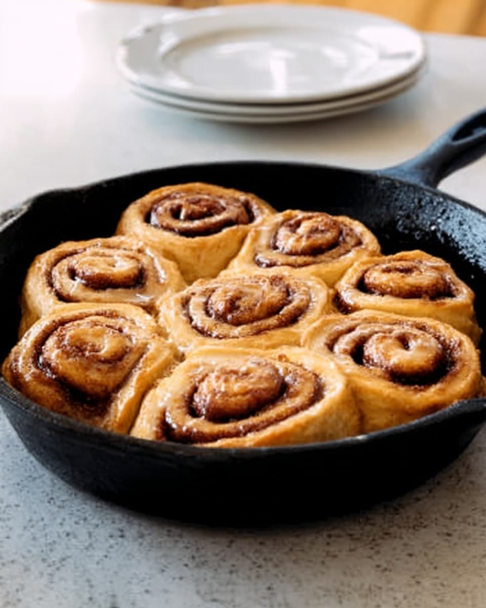 The image shows six cinnamon rolls arranged in a black cast iron skillet. Each roll is tightly coiled, showing layers of light brown dough with a cinnamon swirl inside, topped with a slight shiny glaze. The skillet is placed on a white marbled surface, and a white empty plate is visible in the background. Photo taken with an iphone --ar 4:5 --v 7