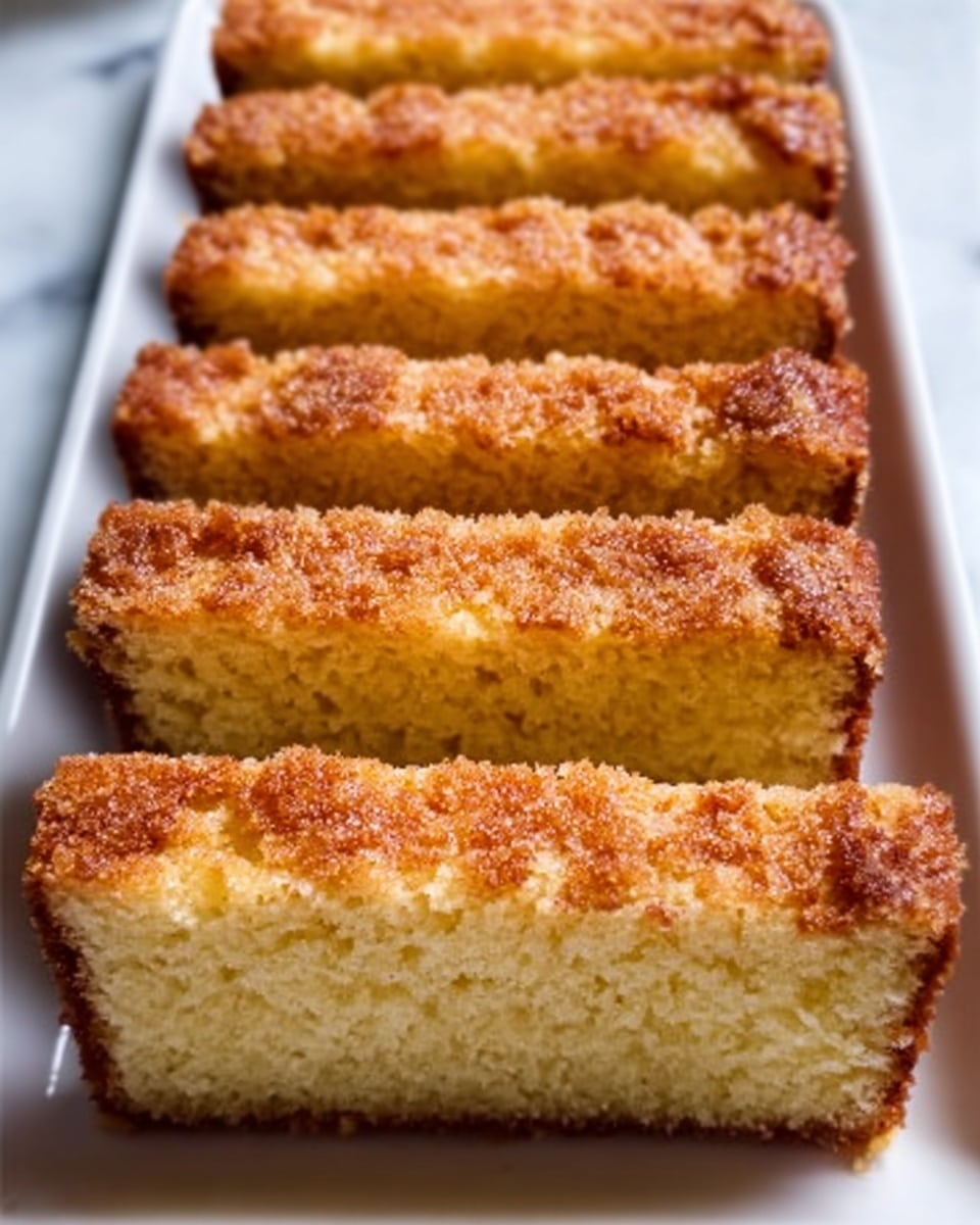 The image shows a close-up of several slices of golden-brown cake arranged neatly in a row on a white rectangular plate. Each slice has two visible layers: the bottom layer is soft and spongy with a light yellow color and a smooth texture, while the top layer is a crumbly, slightly darker golden crust with a sugary coating that looks crunchy. The slices are uniform in size and shape, positioned side by side with clean edges, on a white marbled surface. photo taken with an iphone --ar 4:5 --v 7