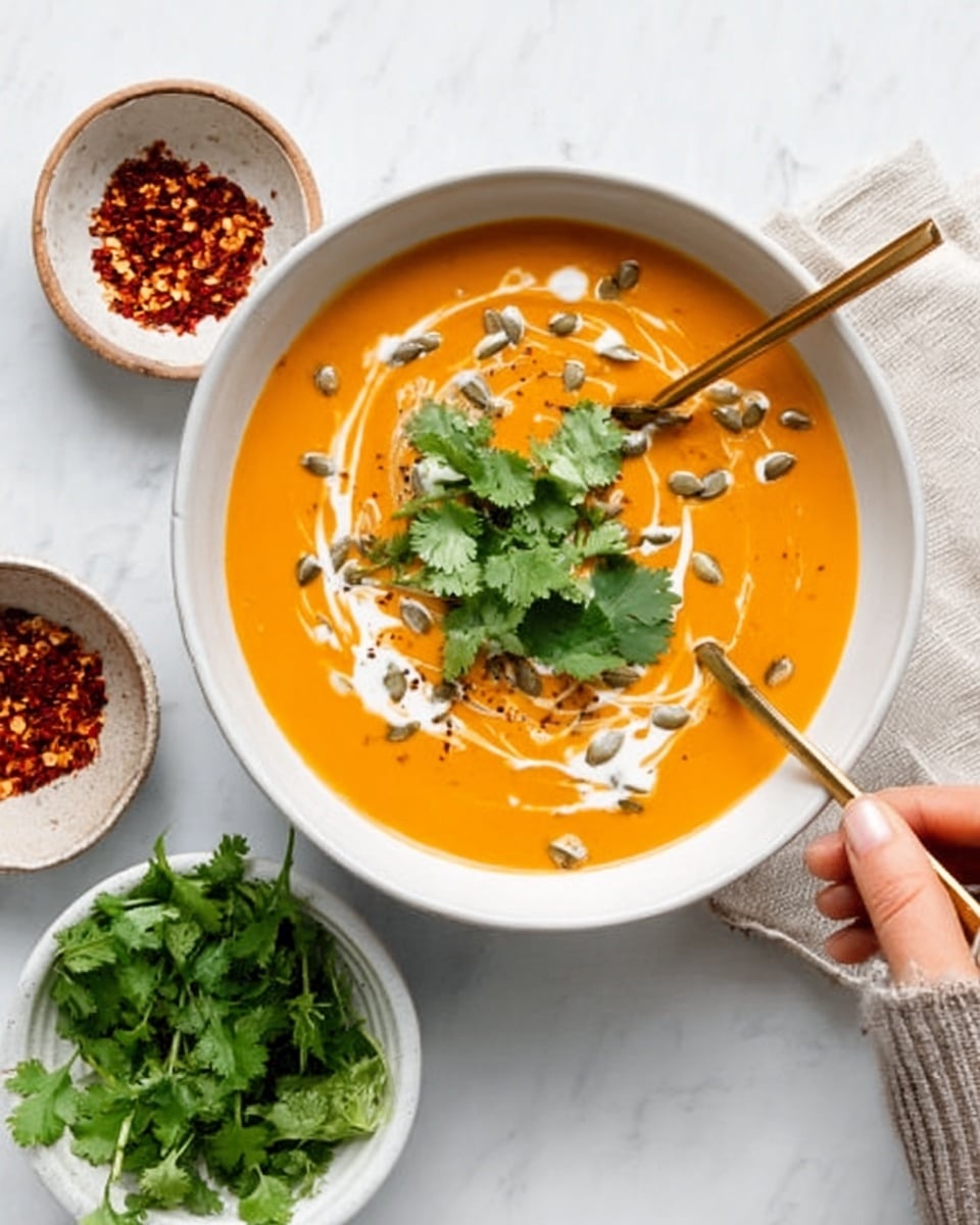 The image shows a bowl of creamy orange soup with a smooth texture, topped with a swirl of white cream, some fresh green cilantro leaves, and sprinkled with light brown pumpkin seeds. A gold spoon rests inside the white bowl, and next to it are two small bowls on a white marbled surface—one filled with fresh green cilantro and the other with red chili flakes. A woman's hand is reaching toward the bowl holding the spoon. Photo taken with an iphone --ar 4:5 --v 7