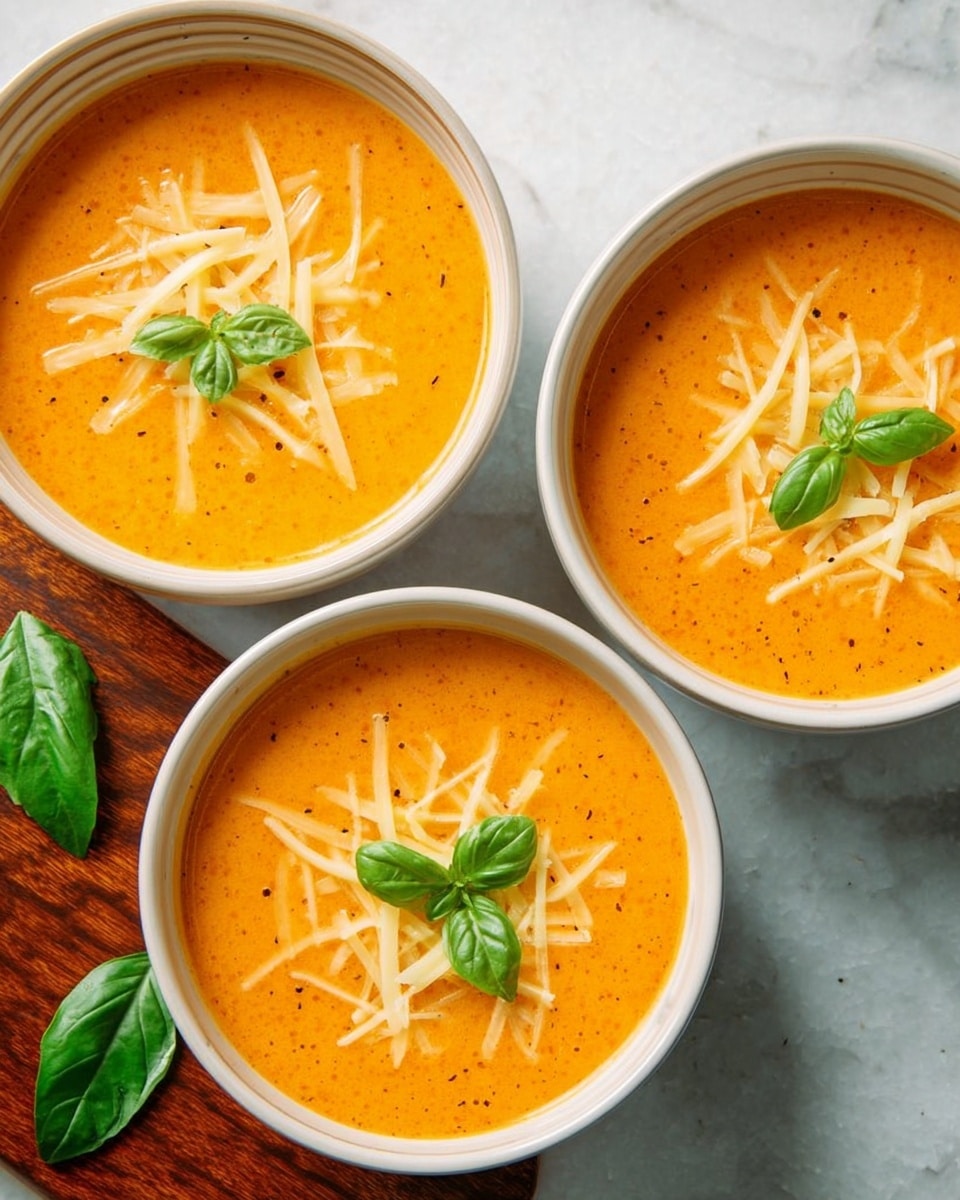 Three white bowls sit on a white marbled surface, each filled with a smooth, thick orange soup topped with thin, pale yellow shredded cheese. One bowl also has three green basil leaves arranged on top, adding a fresh touch. The soup surface looks creamy and shiny, and the bowls are placed close to each other, showing their round edges clearly. A wooden board with a few basil leaves sits partially in the corner. Photo taken with an iphone --ar 4:5 --v 7