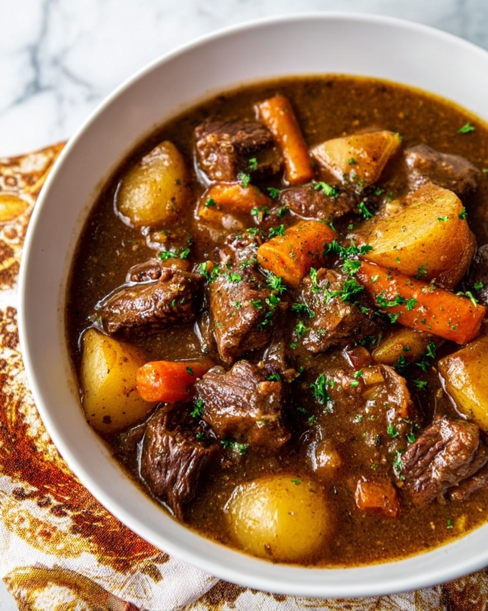 A white bowl filled with a thick beef stew showing multiple chunks of dark brown beef, light yellow potatoes, and bright orange baby carrots, all covered in a rich, dark brown gravy. Small green parsley pieces are sprinkled over the top, adding a touch of fresh color. The stew has a hearty, chunky texture with visible soft vegetables and tender meat pieces immersed in the glossy sauce. The bowl sits on a white marbled surface with a cloth underneath that has brown and orange patterns. Photo taken with an iphone --ar 4:5 --v 7