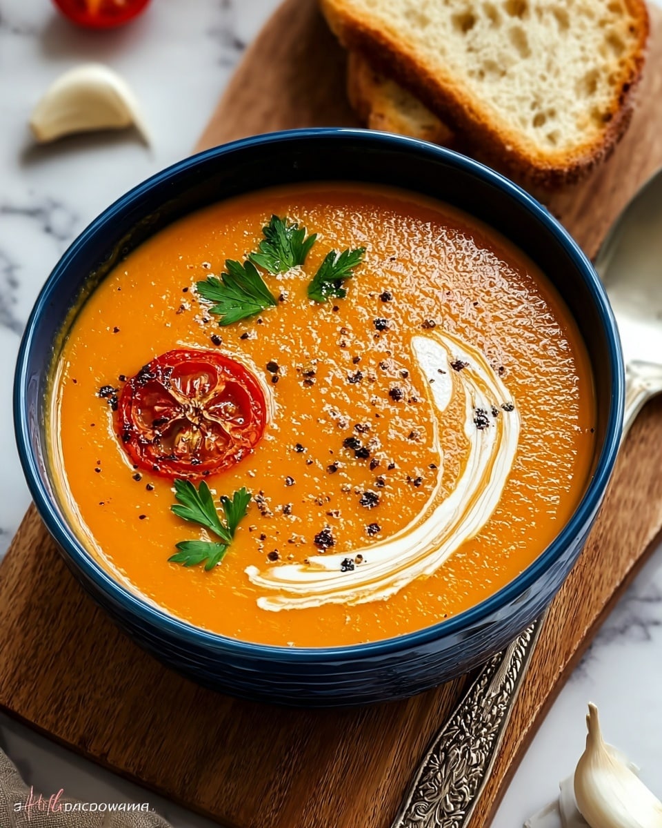 A blue bowl filled with bright orange creamy soup with a smooth texture, topped with a swirl of white cream on the right side, a charred red tomato slice near the bottom center, and two green parsley leaves placed above and near the tomato. Black pepper bits are sprinkled on the soup's surface. The bowl sits on a wooden board next to a piece of toasted bread on the right and some garlic cloves on the left, all on a white marbled background. photo taken with an iphone --ar 4:5 --v 7