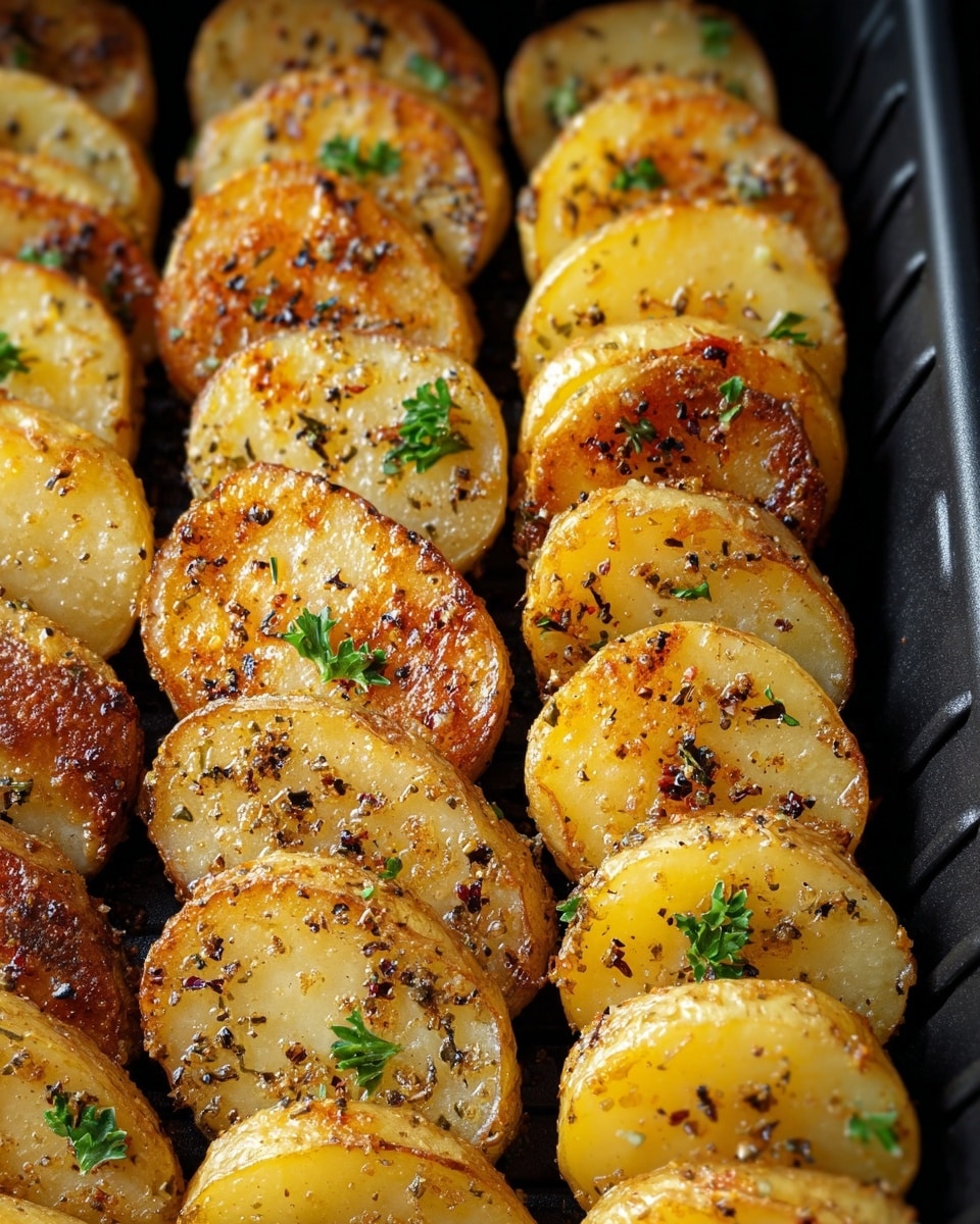 The image shows rows of golden brown roasted potato slices arranged in neat lines inside a black ribbed tray, each potato slice having a crispy outer layer with a slightly charred texture and sprinkled with black pepper, herbs, and small green parsley leaves. The potatoes are cut about half an inch thick, showing a soft pale yellow inside that contrasts with the crunchy, spiced edges. The close-up view highlights the texture differences between the smooth inside and the crispy browned surfaces, with light reflecting off the herbs and spices scattered over the potatoes. photo taken with an iphone --ar 4:5 --v 7