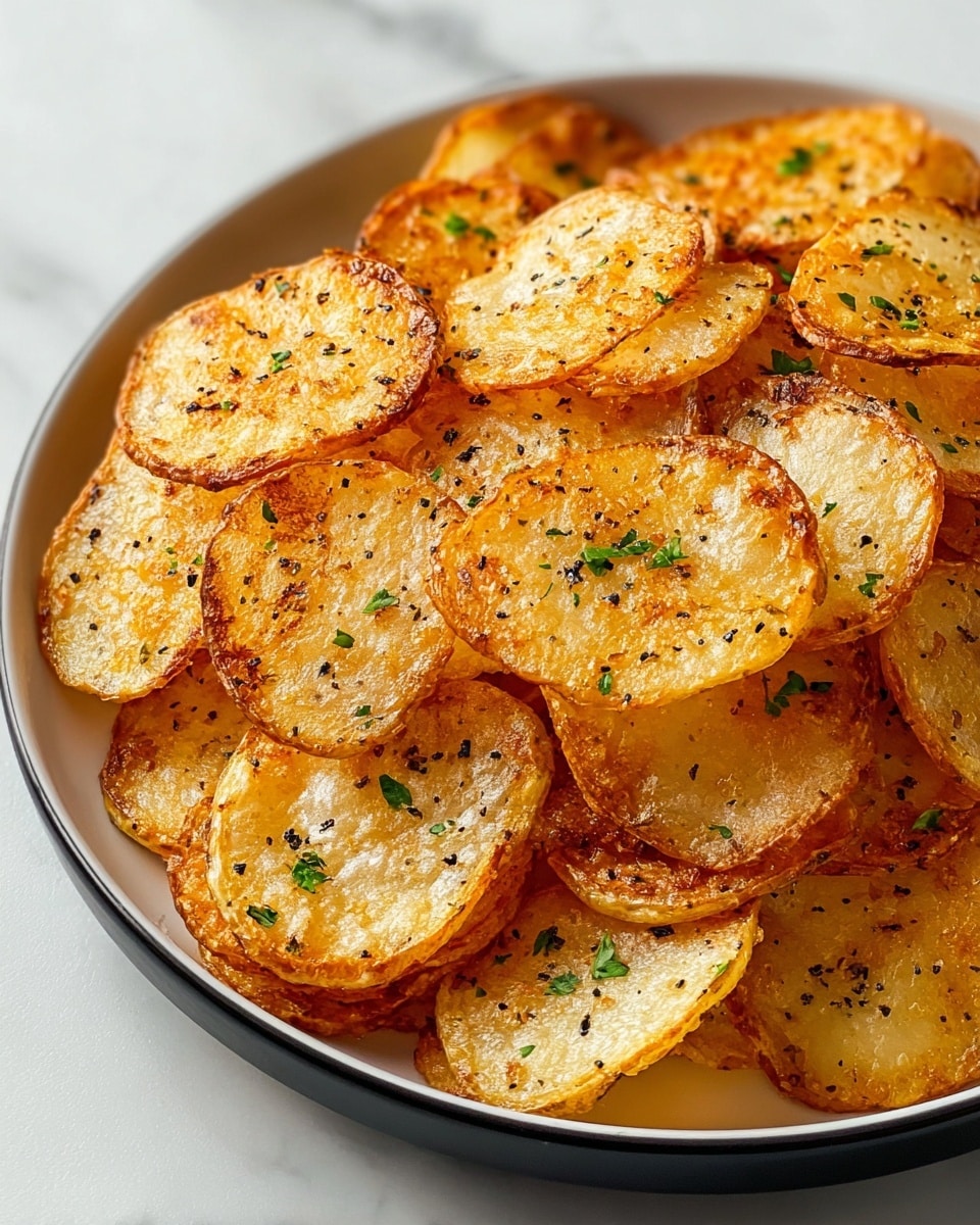 The image shows a white plate full of round, thinly sliced potato chips stacked in layers, each chip golden brown with crispy edges and lightly seasoned with black pepper and small bits of green parsley sprinkled on top. The potato slices have a mix of smooth, slightly translucent centers and textured, crunchy edges that catch the light, giving a fresh, homemade look. The plate rests on a white marbled surface, enhancing the warm tones of the fried potatoes, photo taken with an iphone --ar 4:5 --v 7
