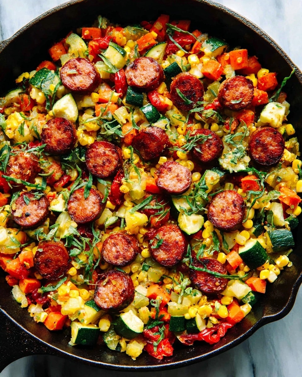 The image shows a white pan filled with a colorful meal that has about four layers. The bottom layer is yellow cooked rice mixed with small pieces of red and green vegetables. On top there are thick slices of browned sausage scattered all over. Bright green chunks of cooked zucchini are mixed in, along with small red bell pepper pieces. The texture looks soft and juicy with a slight shine from the cooking oil. A wooden spoon is resting inside the pan, ready to serve the dish. The background features a white marbled surface. Photo taken with an iphone --ar 4:5 --v 7
