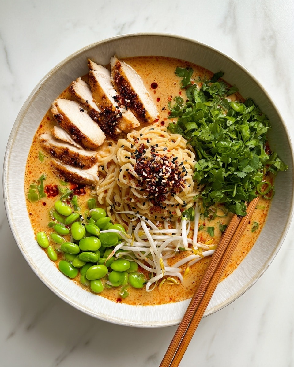 A white bowl holds a rich, creamy orange broth as the base layer, topped with a small mound of light tan noodles in the center, sprinkled with black sesame seeds and bits of chili oil. On the top left side, five slices of golden-brown seared chicken breast lie fanned out. To the right of the chicken, there is a bunch of bright green chopped cilantro, next to a portion of light white and brown bean sprouts. On the bottom left, bright green sliced scallions sit beside a cluster of smooth, shiny green edamame beans. Wooden chopsticks rest on the right edge of the bowl. The white bowl is set on a white marbled surface. Photo taken with an iphone --ar 4:5 --v 7