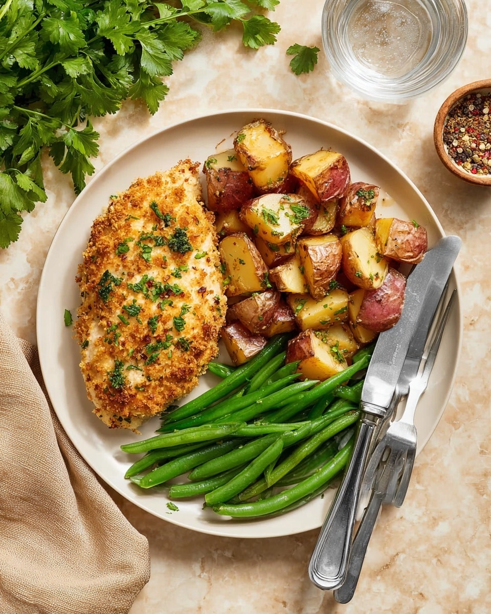 The image shows a large gold baking tray filled with a meal divided into three sections: at the top are golden roasted red potato pieces with crispy edges mixed with small green herb flakes, in the middle are three breaded chicken breasts coated with a browned, crunchy topping sprinkled with herbs and spices, and at the bottom is a thick layer of bright green cooked green beans, all arranged neatly on the tray. The tray is placed on a white marbled surface. Photo taken with an iphone --ar 4:5 --v 7