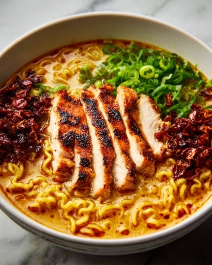 Fiery Chicken Ramen with Creamy Garlic Sauce Recipe