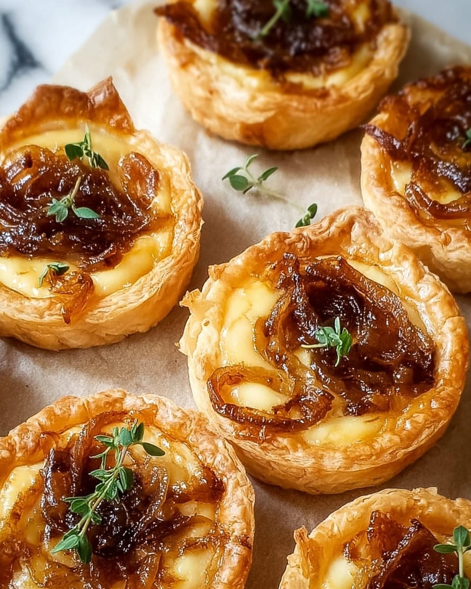 The image shows several small round tarts with a golden brown, flaky puff pastry crust that has a slightly crisp and layered texture. Each tart has one visible layer of smooth, pale yellow filling that looks creamy, topped with a layer of caramelized onion slices which are dark amber in color with a glossy, soft texture. Small green herb sprigs are scattered on top, adding a touch of color contrast. The tarts are placed closely together on a sheet of parchment paper which lies on a surface with a white marbled texture. Photo taken with an iphone --ar 4:5 --v 7