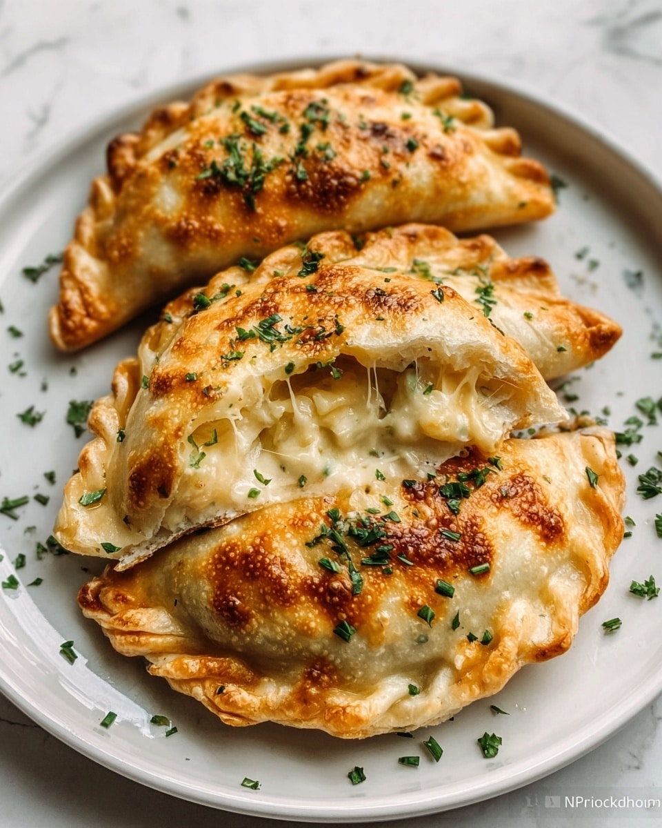 The image shows three golden brown baked dumplings with crispy, slightly bubbly surfaces, placed closely together on a white plate. The top of the dumplings is sprinkled with finely chopped green herbs, adding a fresh touch. Inside, the dumplings reveal a creamy, smooth filling with bits of herbs visible, contrasting with the golden crust. The white plate rests on a white marbled surface, enhancing the warm colors of the food. photo taken with an iphone --ar 4:5 --v 7