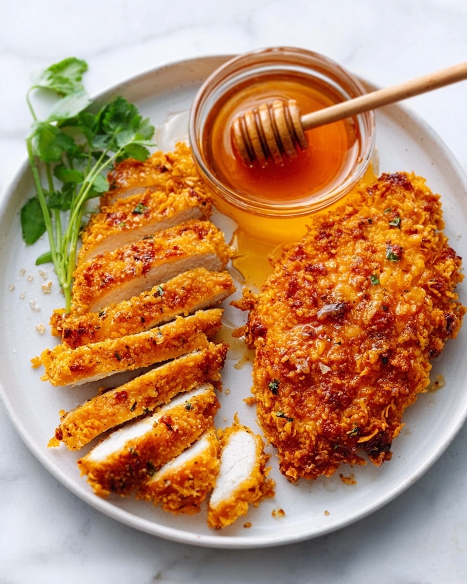 The image shows a close-up of three pieces of glazed chicken placed on a white plate. Each piece is cut into slices but kept together, showing the white juicy inside and a caramelized brown outside with a glossy, sticky texture. The chicken is topped with small yellow-orange sauce drops, white sesame seeds, and scattered green chopped herbs. Around the chicken, there are small fresh green parsley leaves adding a pop of color. The plate sits on a white marbled surface. photo taken with an iphone --ar 4:5 --v 7