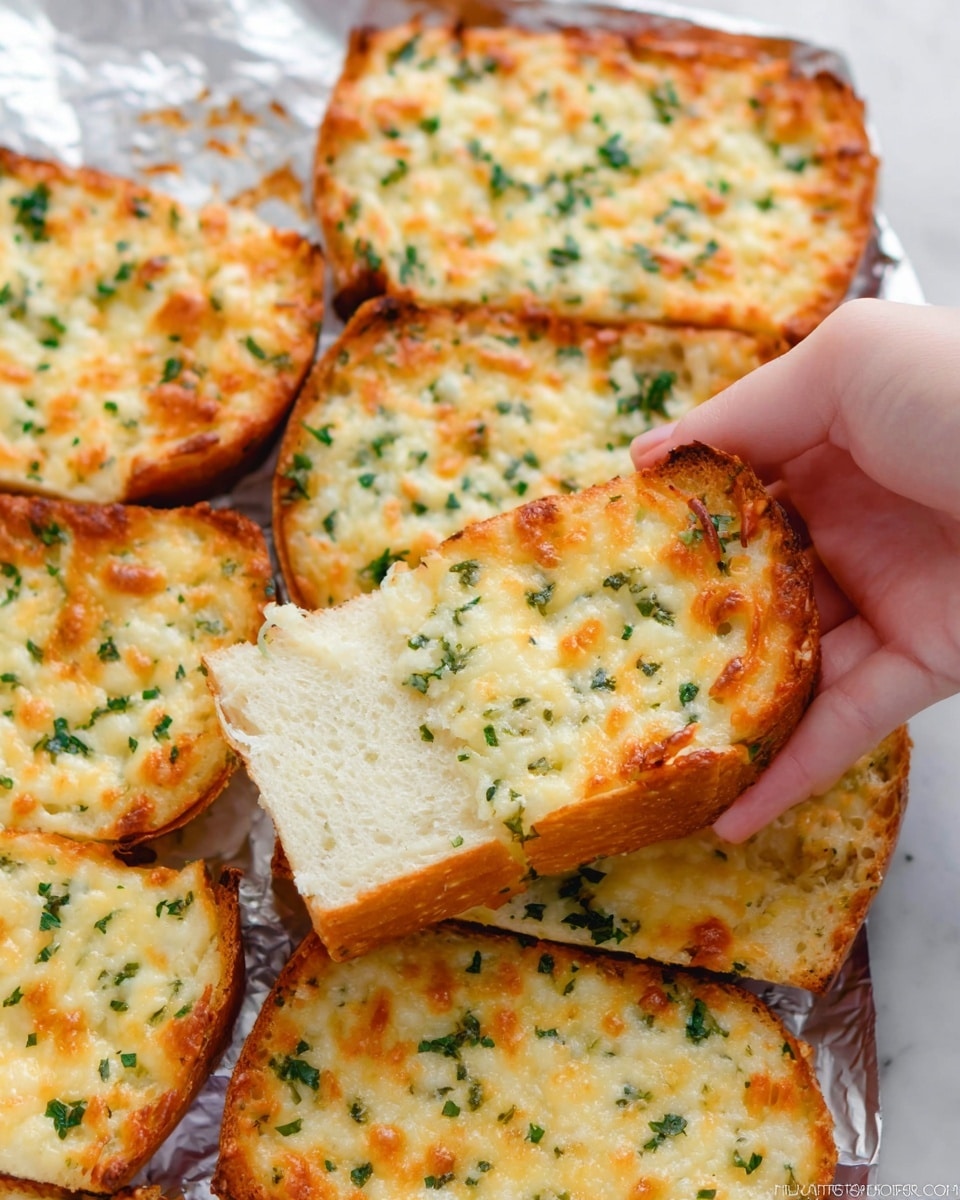 The image shows three long pieces of bread cut into smaller square slices laid side by side on a dark baking tray. Each slice has a thick base layer of golden-brown toasted bread with a slightly crusty texture. On top is a thick, even layer of melted white cheese with browned, bubbly spots scattered across the surface. Small green herb pieces are sprinkled evenly over the cheese, adding a fresh touch of color. The tray is on a white marbled surface with a few crumbs and herbs around. photo taken with an iphone --ar 4:5 --v 7