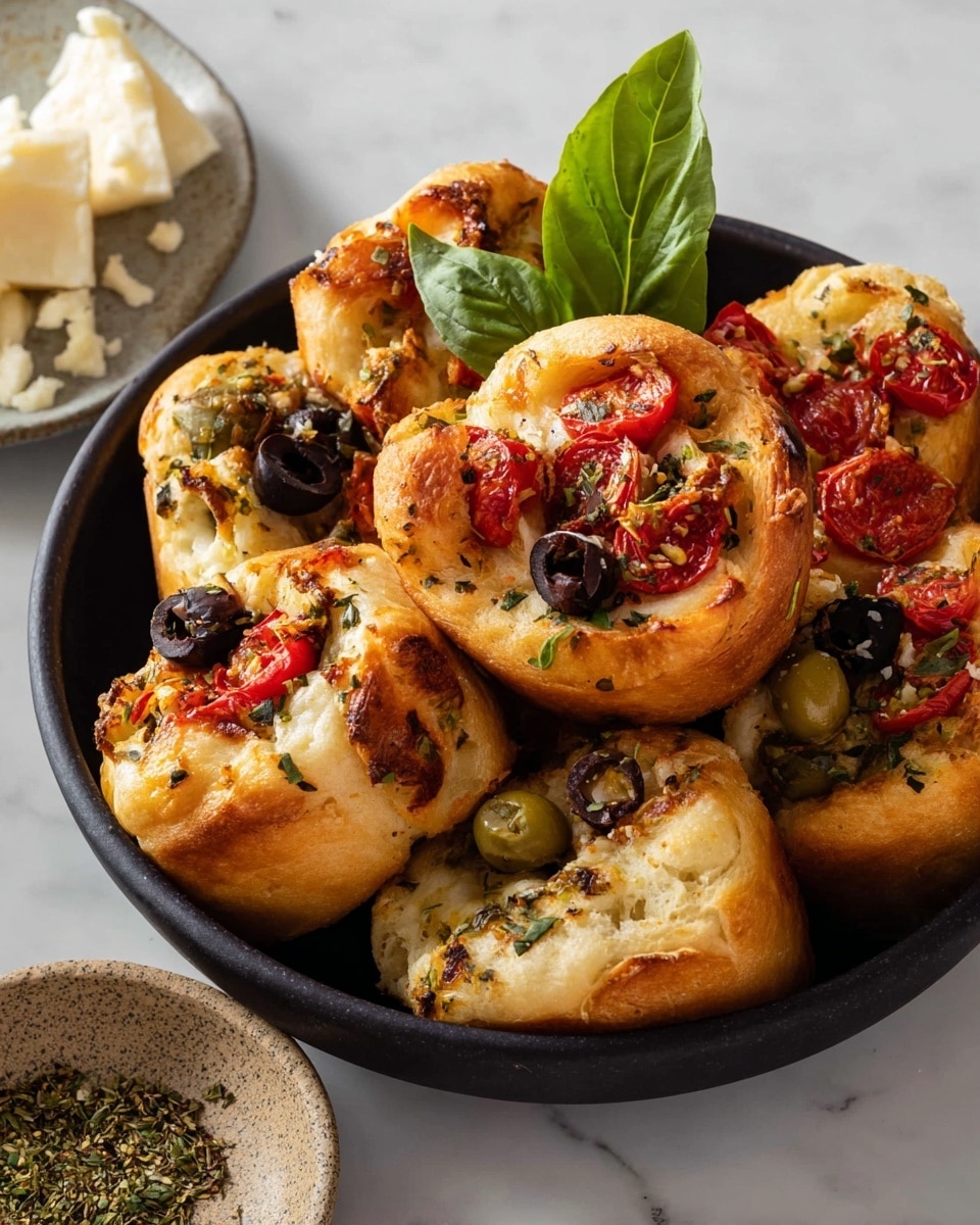 A black bowl filled with several small, round savory rolls that have a golden-brown crust and soft texture, each topped with layers of melted white cheese, vibrant red cherry tomato halves, black and green olives, and sprinkled with green herbs. The rolls show a slight puffiness with some edges browned more deeply, and bits of fresh green basil leaves are tucked among them. A whole green basil leaf rests on the bowl's edge. The bowl is placed on a white marbled surface, with a small plate of white cheese and a small stone bowl of mixed dried herbs nearby, adding a fresh and inviting look. Photo taken with an iphone --ar 4:5 --v 7
