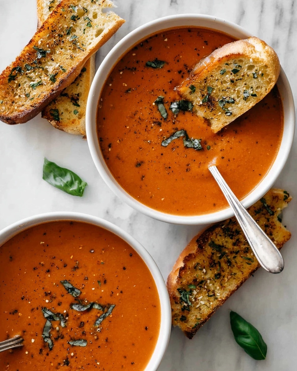 Two white bowls are filled with smooth, rich orange tomato soup, each topped with small sprigs of green herbs and a sprinkle of black pepper. Each bowl has a silver spoon resting inside with its handle angled outward. Four pieces of golden toasted garlic bread, with visible bits of green herbs and melted butter on top, are placed around the bowls, one of which leans on the edge of a bowl. A fresh green basil leaf sits near the upper right corner on a white marbled surface. photo taken with an iphone --ar 4:5 --v 7