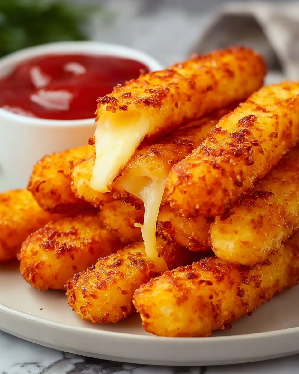 A white plate holds a stack of golden cheese sticks, each stick thick and crispy with a deep orange crust. The cheese sticks have a crunchy outside texture with some melted cheese strings visible, showing a slightly bubbly surface. In the background, there is a white bowl filled with red ketchup on a white marbled texture, adding a splash of color and contrast to the scene. The cheese sticks are piled high, some leaning on each other, giving a warm and inviting look. photo taken with an iphone --ar 4:5 --v 7