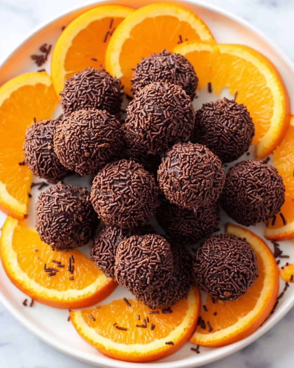 The image shows a white bowl filled with round chocolate truffles that have a rough texture, suggesting a coating of cocoa or chocolate crumbs. Around the bowl, there are two square pieces of dark chocolate and two bright orange halves with visible juicy segments. To the top right, a small white bowl contains a mix of what looks like nuts or seeds. Two shiny metal spoons with curved handles lie beside the bowl on a light beige cloth napkin. The backdrop is a white marbled surface. Photo taken with an iphone --ar 4:5 --v 7