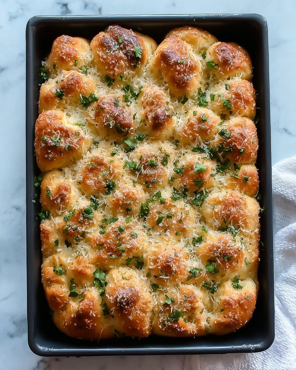 The image shows a freshly baked pull-apart bread in a black rectangular pan, placed on a white marbled surface. The bread has a golden-brown crust with bubbly, uneven tops that are dusted with grated cheese and sprinkled with fresh green parsley pieces scattered evenly across the surface. The bread looks soft and fluffy, with the pulled sections creating visible gaps and layers. The pan sits on a white cloth that partially shows beneath the pan. photo taken with an iphone --ar 4:5 --v 7
