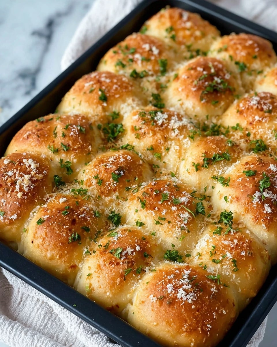 A black baking tray filled with golden brown, fluffy bread rolls arranged closely in a single layer, each roll puffed up with a slightly crispy top. The bread is sprinkled evenly with finely grated white cheese and bright green chopped parsley, adding texture and color contrast. The background is a white marbled surface with a white cloth peeking from the side. photo taken with an iphone --ar 4:5 --v 7
