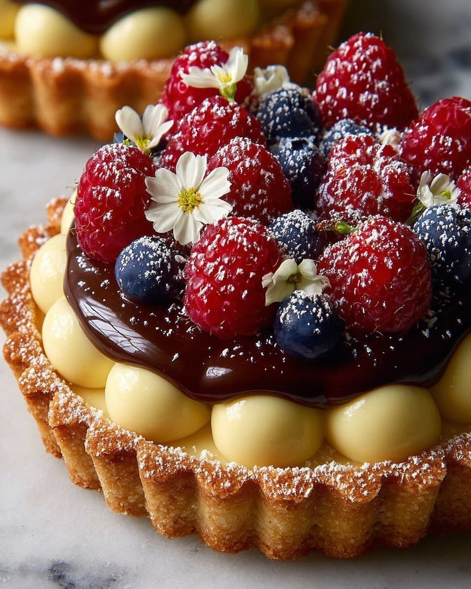 The tart has three visible layers: the bottom layer is a crumbly light brown crust with a rough texture and scalloped edges, the middle layer is smooth, pale yellow cream piped in round dollops around the edge, and the top layer is a glossy dark chocolate glaze spread unevenly over the cream, dripping slightly over the edges. On top of the chocolate are fresh red raspberries and a few dark blueberries, dusted lightly with powdered sugar, along with small white edible flowers placed gently among the berries. The tart is set on a white marbled surface. photo taken with an iphone --ar 4:5 --v 7