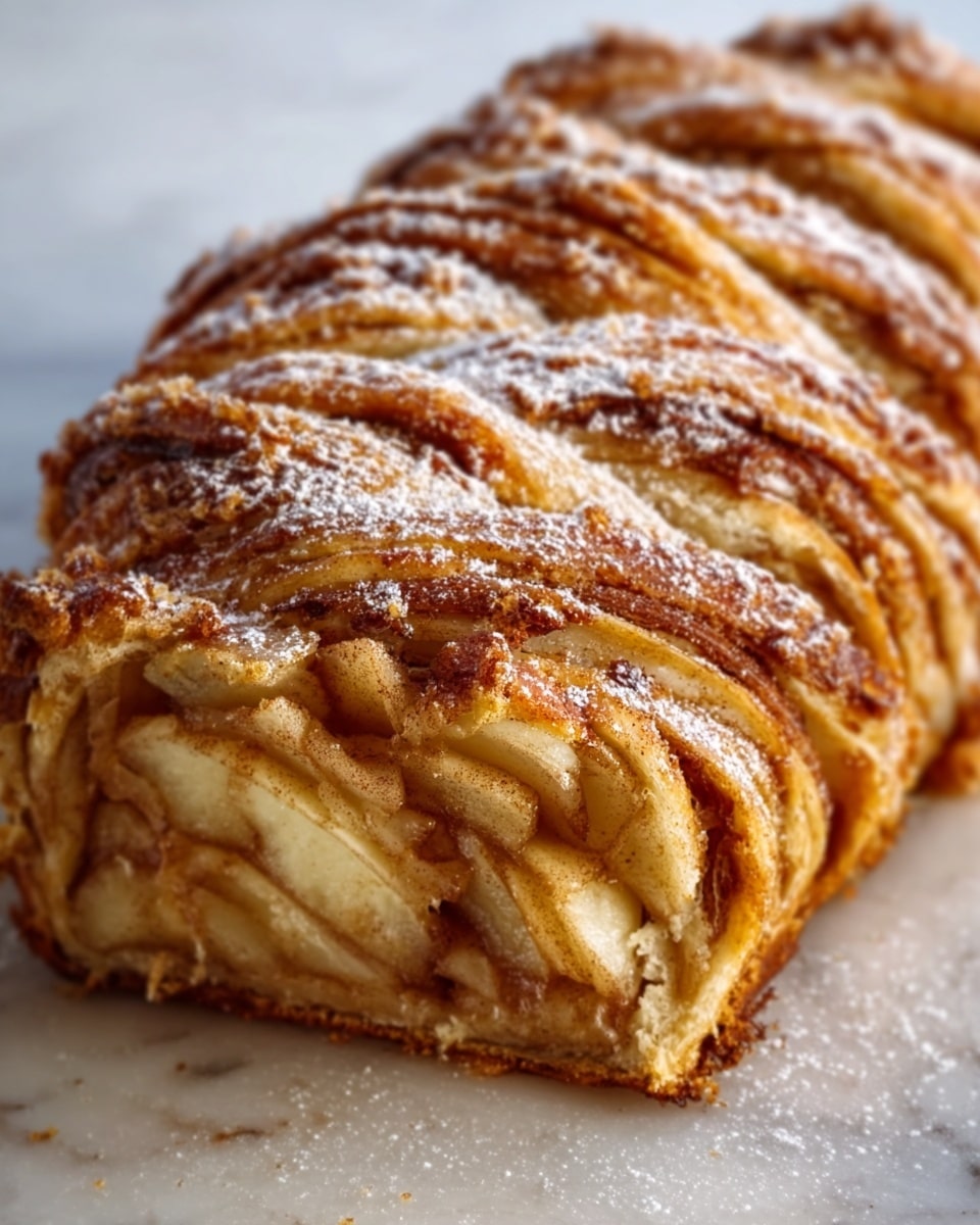 The image shows a close-up of a braided pastry loaf on a white marbled surface. The pastry has multiple twisted layers with a golden brown crust dusted with powdered sugar. Inside, you can see soft, light tan apple slices and a layer of cinnamon filling, giving a textured look with some visible syrupy shine. The braided top layer has a crispy and flaky texture that contrasts with the tender fruit inside. The light and shadow highlight the flaky crust and the juicy filling, making the loaf look fresh and warm. Photo taken with an iphone --ar 4:5 --v 7