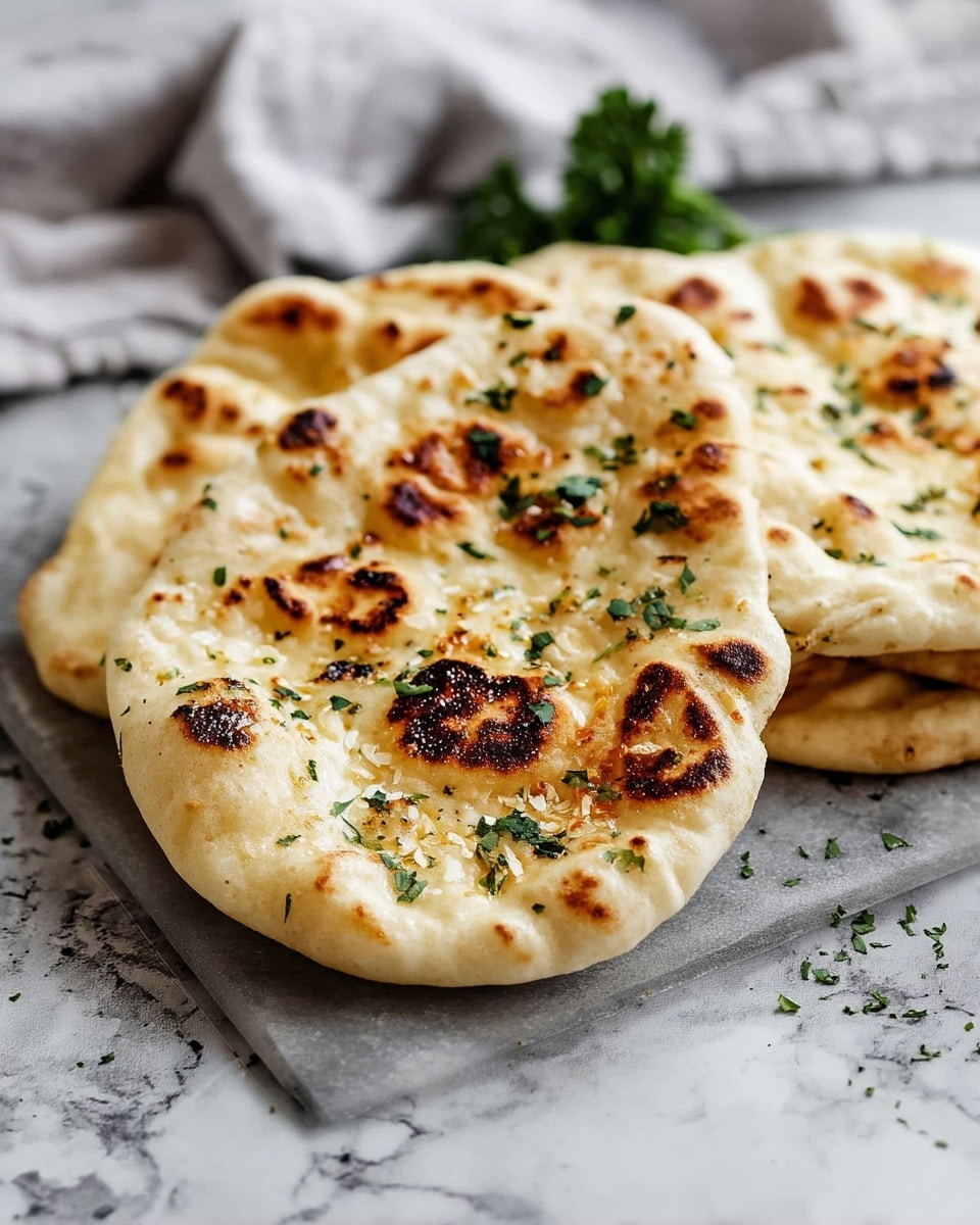 Two pieces of naan bread lie stacked slightly overlapping on a silver board. Each flatbread has a light golden brown color with darker charred spots and is sprinkled with small green herb pieces. The surface of the naan is soft and puffy with some dimples and uneven textures. The background features a white marbled texture with a blurred light gray cloth and scattered herbs. photo taken with an iphone --ar 4:5 --v 7