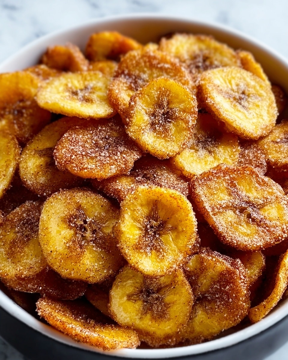 A close-up view of a pile of round, golden-brown banana chips layered unevenly in a white bowl, each chip showing a slightly crispy texture with sugar and cinnamon powder sprinkled generously on top. The banana chips are thinly sliced, with darker brown spots in the center of each slice where the banana’s natural texture is visible. The chips’ edges are slightly curled and textured, giving a crunchy appearance, resting on a white marbled surface. photo taken with an iphone --ar 4:5 --v 7