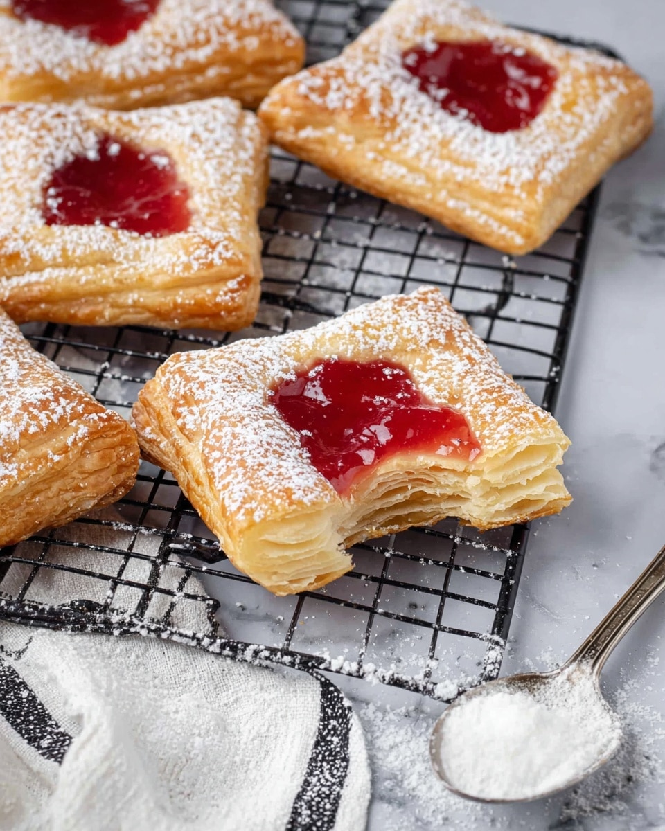 The image shows several square puff pastries with a golden flaky crust, each topped with a bright red jelly center that looks glossy and smooth. The pastries are sprinkled lightly with white powdered sugar, adding a soft contrast to the warm crust and red jelly. One pastry in the foreground has a bite taken out, revealing thin, crispy layers inside. The pastries rest partly on a black cooling rack and partly on a white marbled surface, with a silver spoon containing some powdered sugar nearby. A piece of white cloth with black stripes is partially visible at the bottom. photo taken with an iphone --ar 4:5 --v 7
