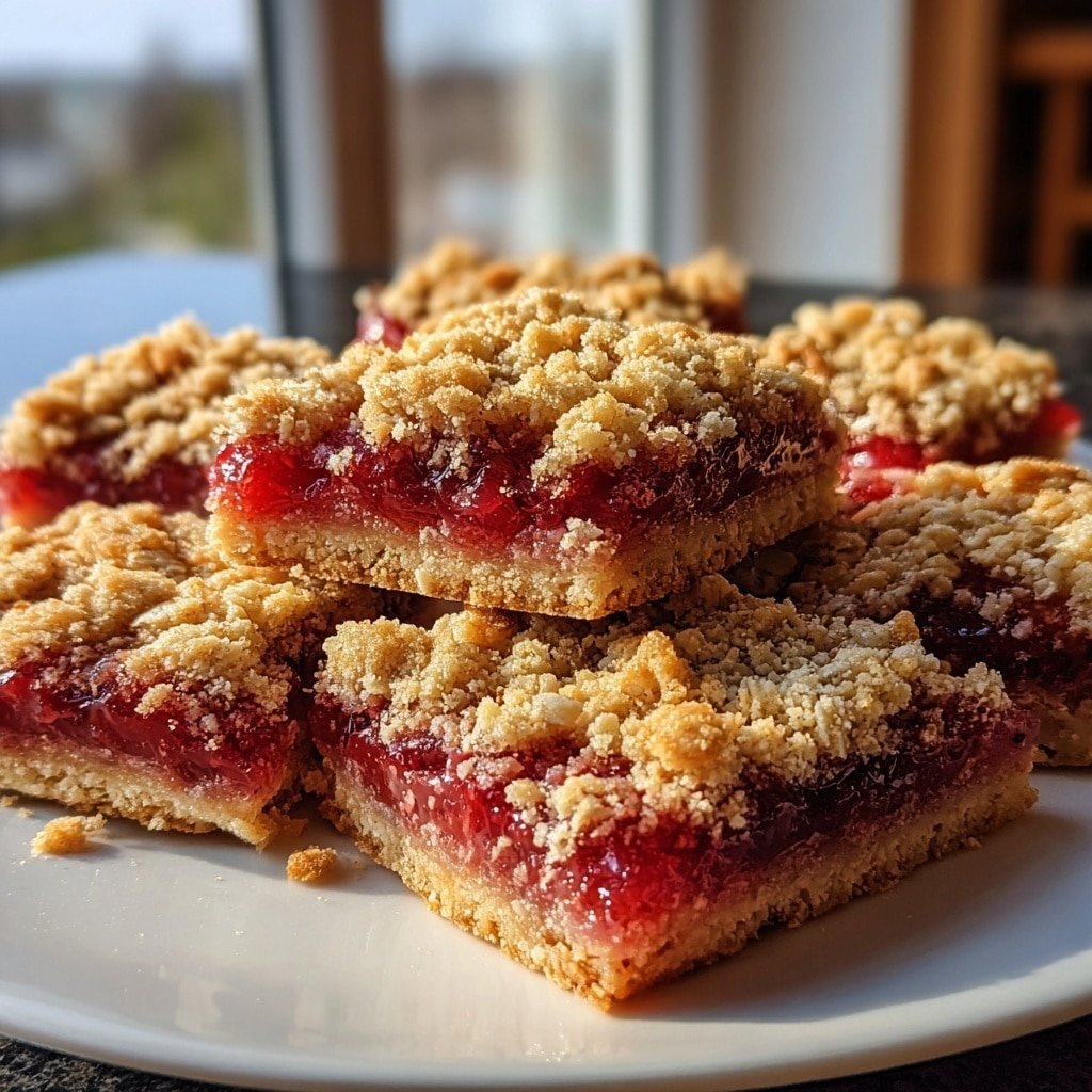 A plate of square dessert bars cut into neat pieces, each featuring three visible layers: a golden-brown crumbly base on the bottom, a thick and glossy bright red fruit filling in the middle, and a generous crumbly oat topping on top with visible oats and a slightly rough texture. The fruit filling layer is vibrant and slightly translucent, sandwiched between the more muted, sandy-colored crust and topping, with the bars arranged casually on a white dish. The background is softly blurred, showing a window with daylight streaming in. photo taken with an iphone --v 7.0