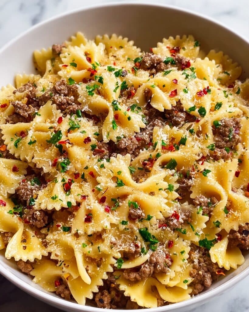 Garlic Butter Bowtie Pasta with Ground Beef Recipe