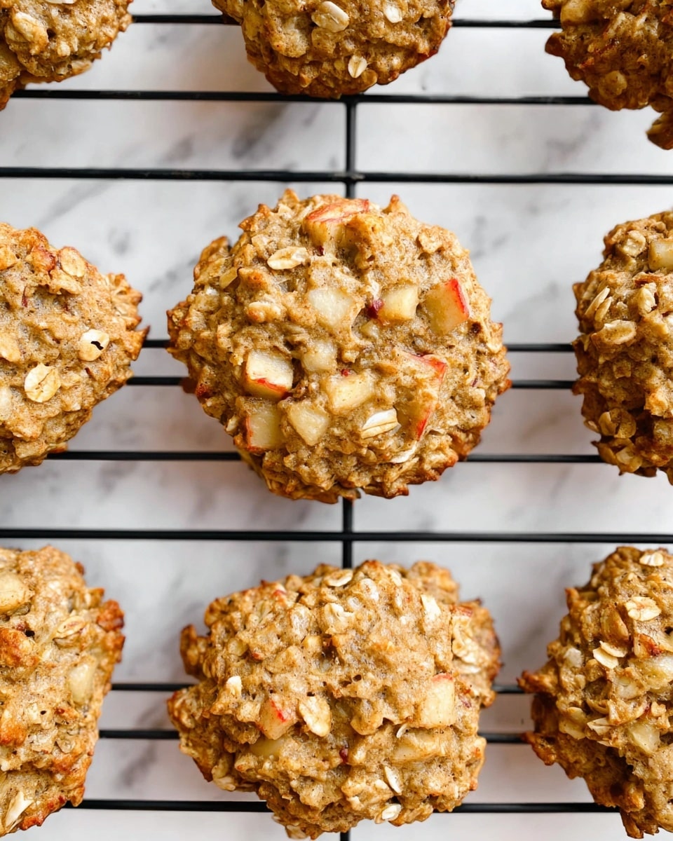 The image shows a close-up view of freshly baked cookies cooling on a black wire rack placed over a white marbled surface. Each cookie is round with a rough and chunky texture. They contain visible pieces of apple and oats, giving the cookies speckled colors of light brown, beige, and bits of pale yellow and red from the apple pieces. The cookies are evenly spaced, and the focus is sharp on the center cookie, showing its soft and chewy texture with small bits lightly browned on top. Photo taken with an iphone --ar 4:5 --v 7