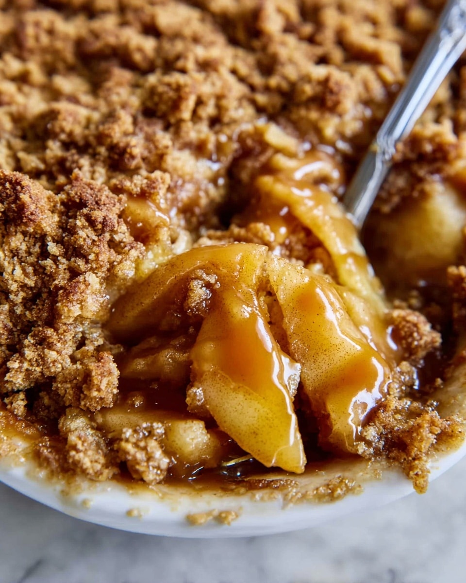 The dish shows a close-up of a crumbly dessert with three visible layers; the bottom and top layers are made of a rough, brown crumb mixture that looks crunchy, while the middle layer consists of tender, soft apple slices that are light yellow with a hint of cinnamon. On top, there is a glossy caramel sauce drizzled over the apples, adding a shiny and sticky texture. A silver fork is partially buried in the dessert, ready to scoop up a piece. The overall look is warm and inviting, with the dessert placed on a white marbled texture. Photo taken with an iphone --ar 4:5 --v 7