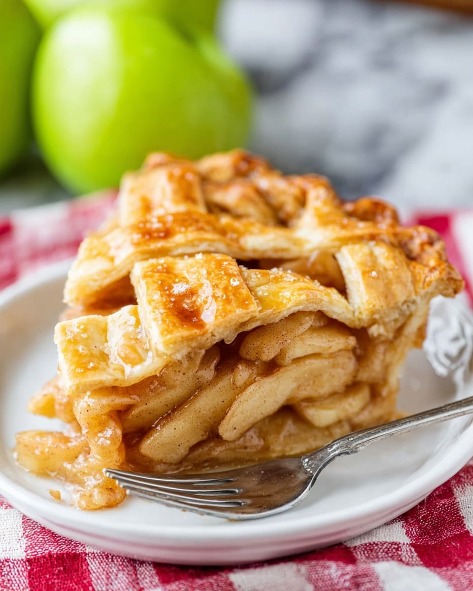 A slice of apple pie with a golden brown lattice crust sits on a white plate, showing multiple layers of soft, cooked apple slices mixed with cinnamon filling inside. The top crust is flaky and shiny, with sugar crystals visible. A silver fork rests on the plate next to the pie slice. In the background, two green apples are slightly out of focus, and the plate is placed on a red and white checkered cloth over a white marbled surface. photo taken with an iphone --ar 4:5 --v 7