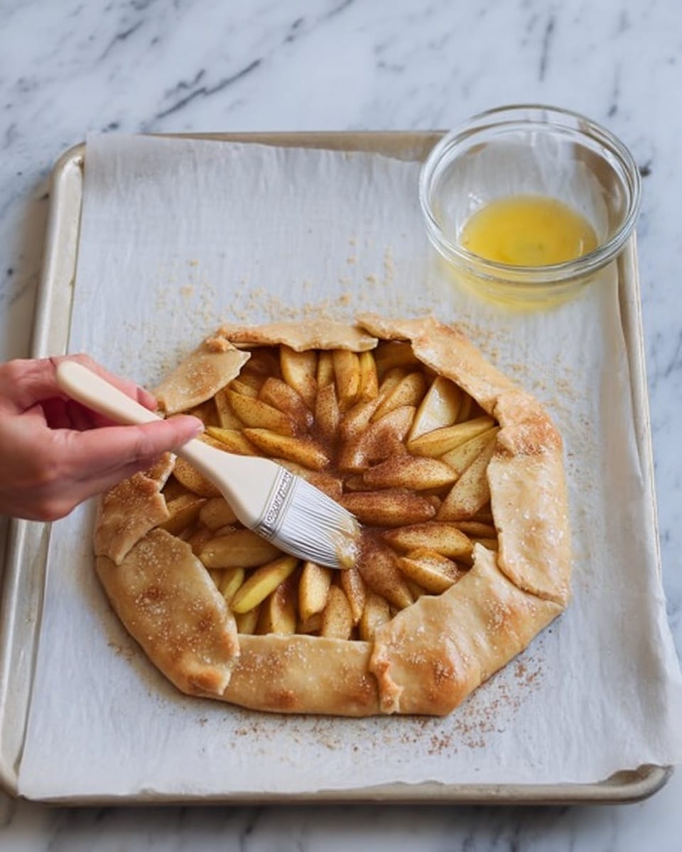 A rustic apple galette placed on a white parchment paper-lined baking tray resting on a white marbled surface. The galette has a single golden-brown crust layer folded unevenly around the edges, revealing sliced apple pieces seasoned with a cinnamon-like spice in the center. A woman's hand is using a white basting brush with a wooden handle to apply a shiny egg wash from a small clear glass bowl positioned nearby. photo taken with an iphone --ar 4:5 --v 7