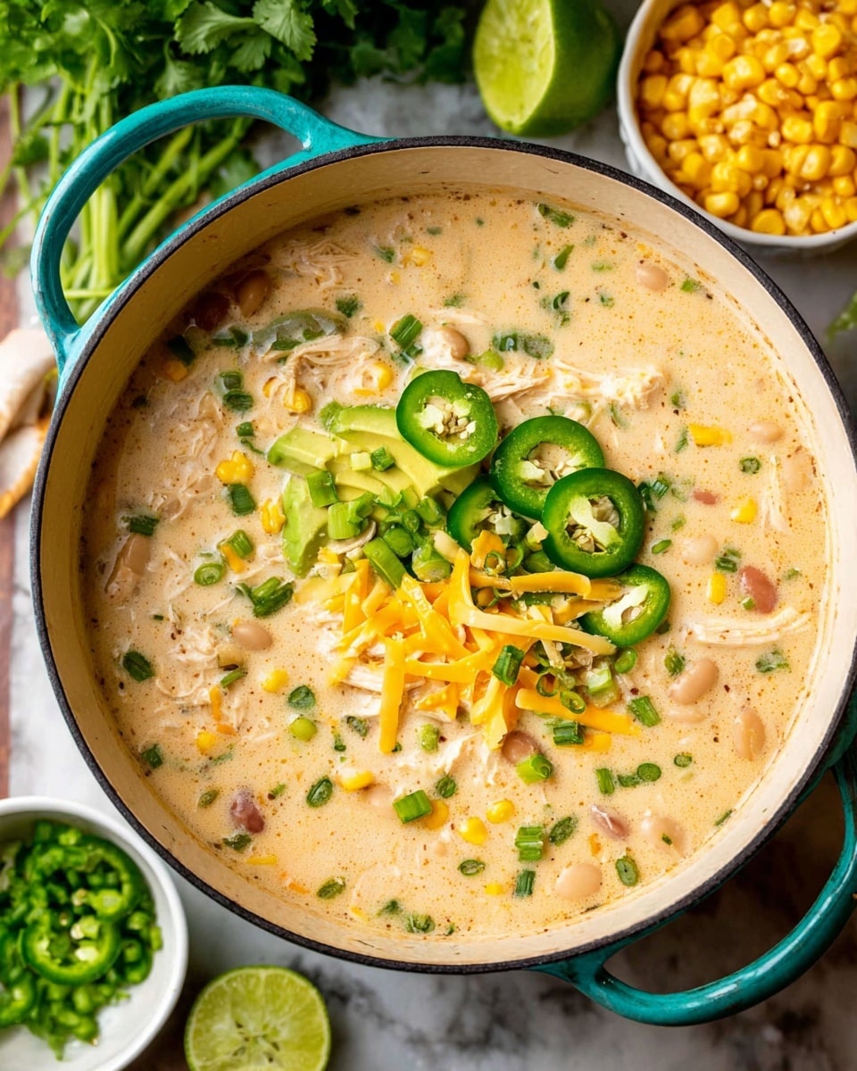 A close-up view of a thick creamy soup served in a bowl with a smooth beige base, dotted with small soft white potato pieces visible through the soup. On top, there is a generous layer of shredded bright orange cheddar cheese, scattered crispy dark reddish-brown bacon bits, and a small dollop of white sour cream in the center. The dollop is finished with freshly chopped green onions sprinkled over it, adding a vibrant green color. The bowl sits on a white marbled surface. photo taken with an iphone --ar 4:5 --v 7