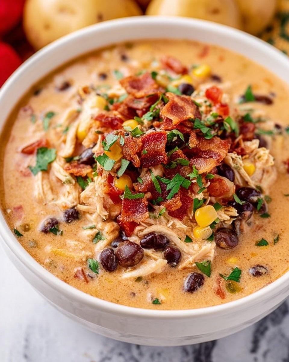 A white bowl filled with creamy soup topped with a colorful mixture of black beans, corn, shredded chicken, diced tomatoes, and small pieces of bacon, all sprinkled with fresh green herbs. The soup is light brown and thick, with the toppings sitting in a loose pile in the center, showing a variety of textures including soft, tender, and slightly crispy. The bowl is placed on a surface with a white marbled texture, and faint images of breadsticks and potatoes are visible in the soft background. Photo taken with an iphone --ar 4:5 --v 7