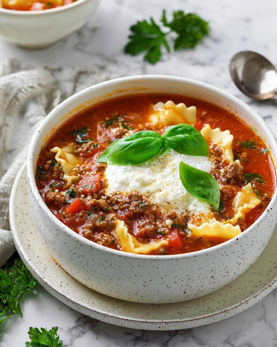 The image shows a white speckled bowl filled with a layered soup. The first layer is red tomato broth mixed with ground beef and small pieces of parsley and diced tomatoes, giving a rich, chunky texture. There are flat pasta pieces with wavy edges partially submerged in the broth. On top, there is a thick dollop of creamy white ricotta cheese, slightly melting into the soup, and two fresh bright green basil leaves placed on the cheese. The bowl sits on a matching white speckled plate, placed on a white marbled surface with a silver spoon on the side and some green parsley leaves nearby. Photo taken with an iphone --ar 4:5 --v 7